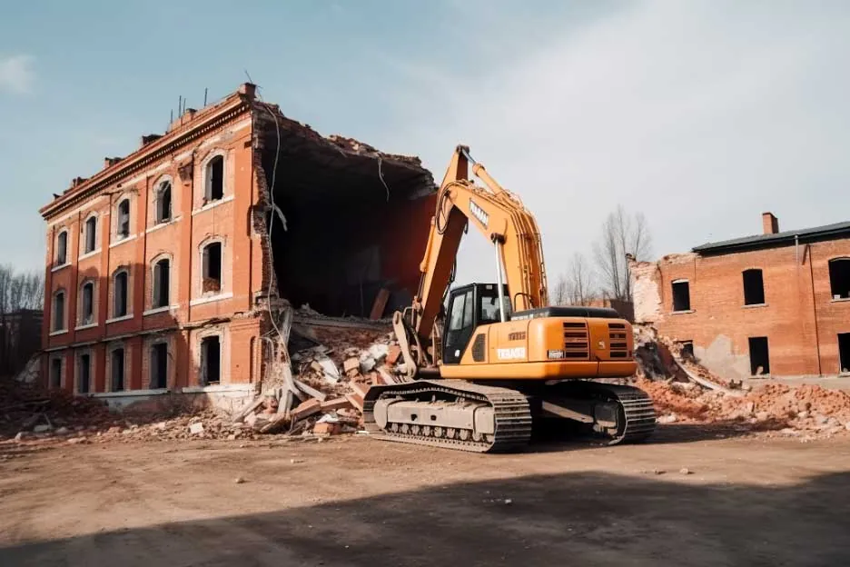 Heavy equipment used to demolish a building