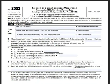 IRS Form F2553 used to elect S-Corporation tax status for a newly formed corporation.