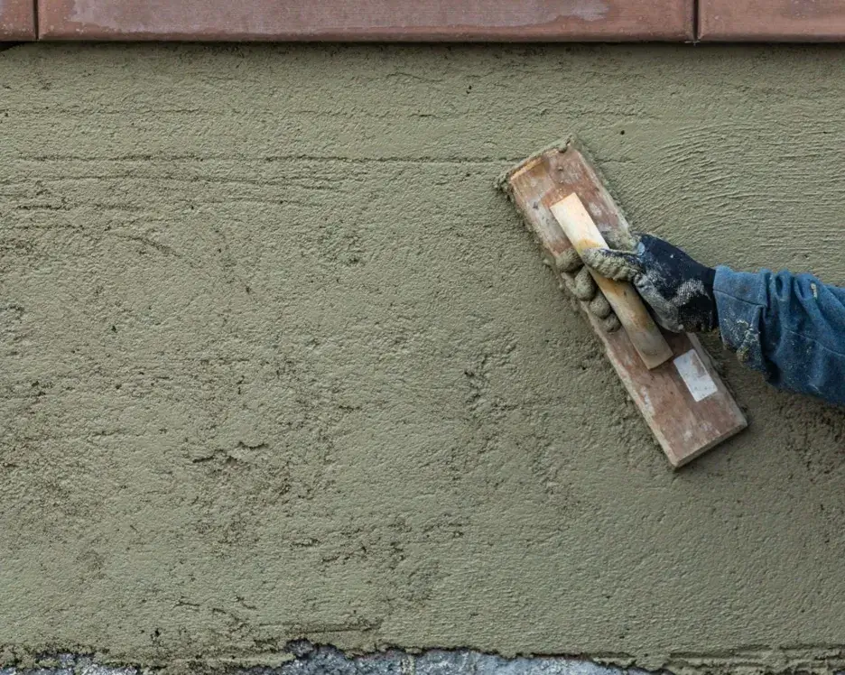 Licensed C35 contractor smoothing stucco using a float tool.