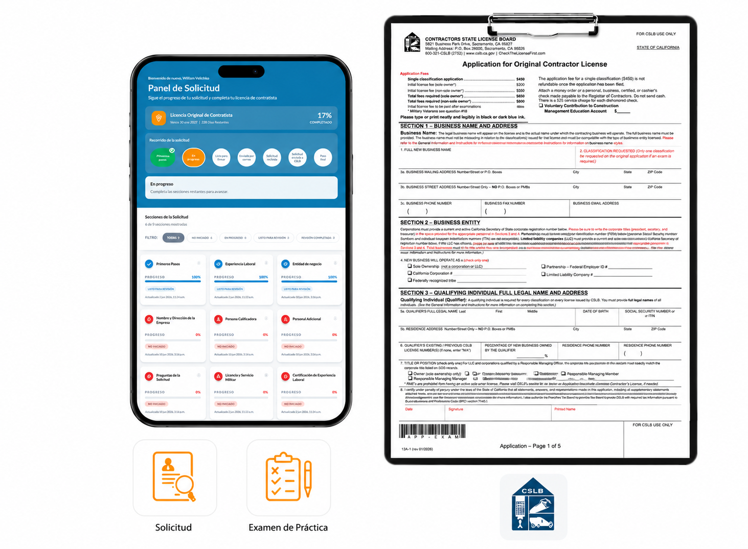 Herramienta iApplication en español junto al formulario oficial CSLB