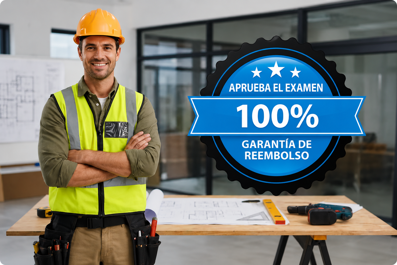 Contratista junto a un sello de garantía de reembolso del 100% para aprobar el examen.