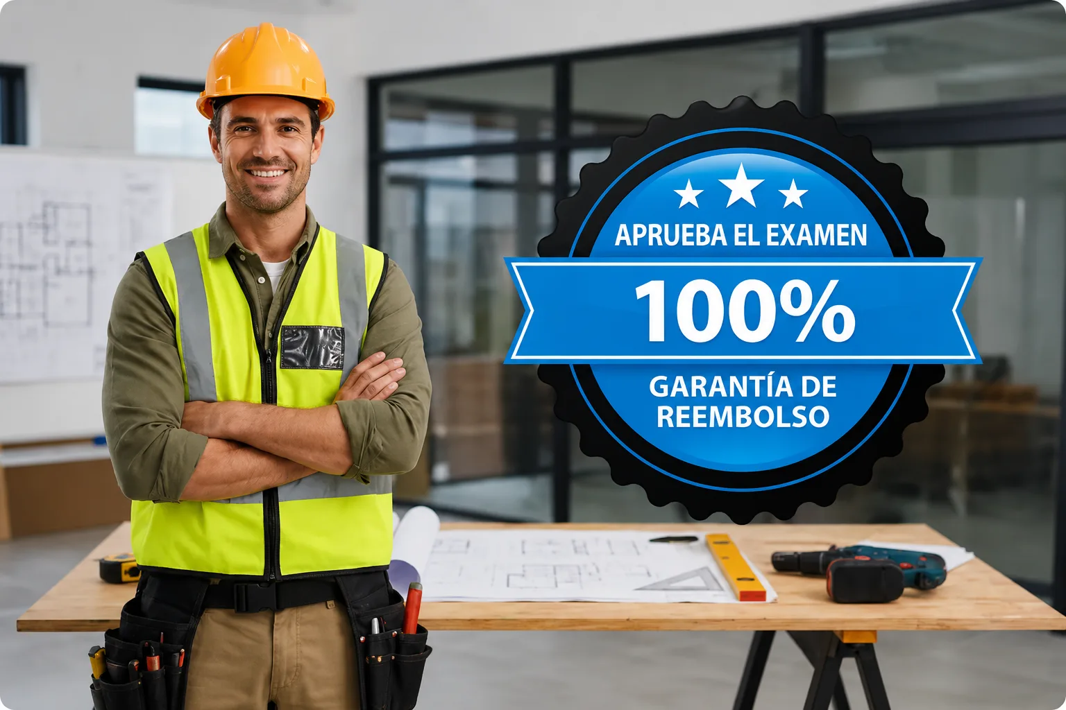 Contratista junto a un sello de garantía de reembolso del 100% para aprobar el examen.